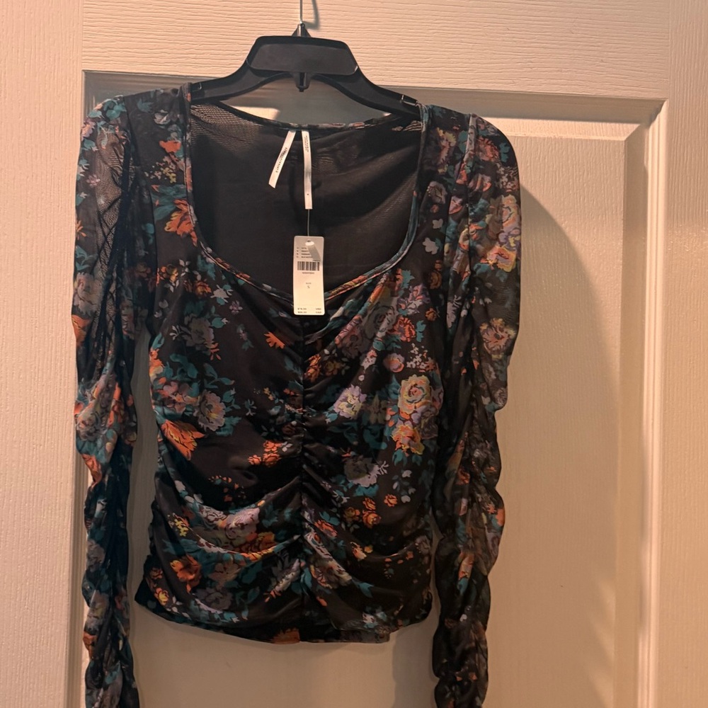 Anthropologie Black Floral Ruched Blouse